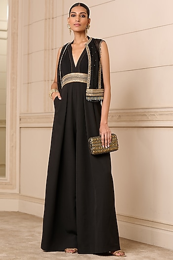Black Banana Crepe Embroidered Jumpsuit by Tarun Tahiliani