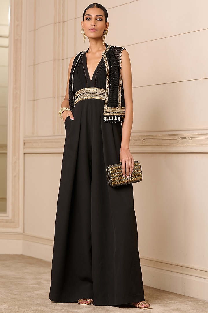 Black Banana Crepe Embroidered Jumpsuit by Tarun Tahiliani at Pernia's Pop Up Shop
