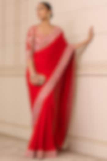 Red Silk Georgette Saree Set by Tarun Tahiliani