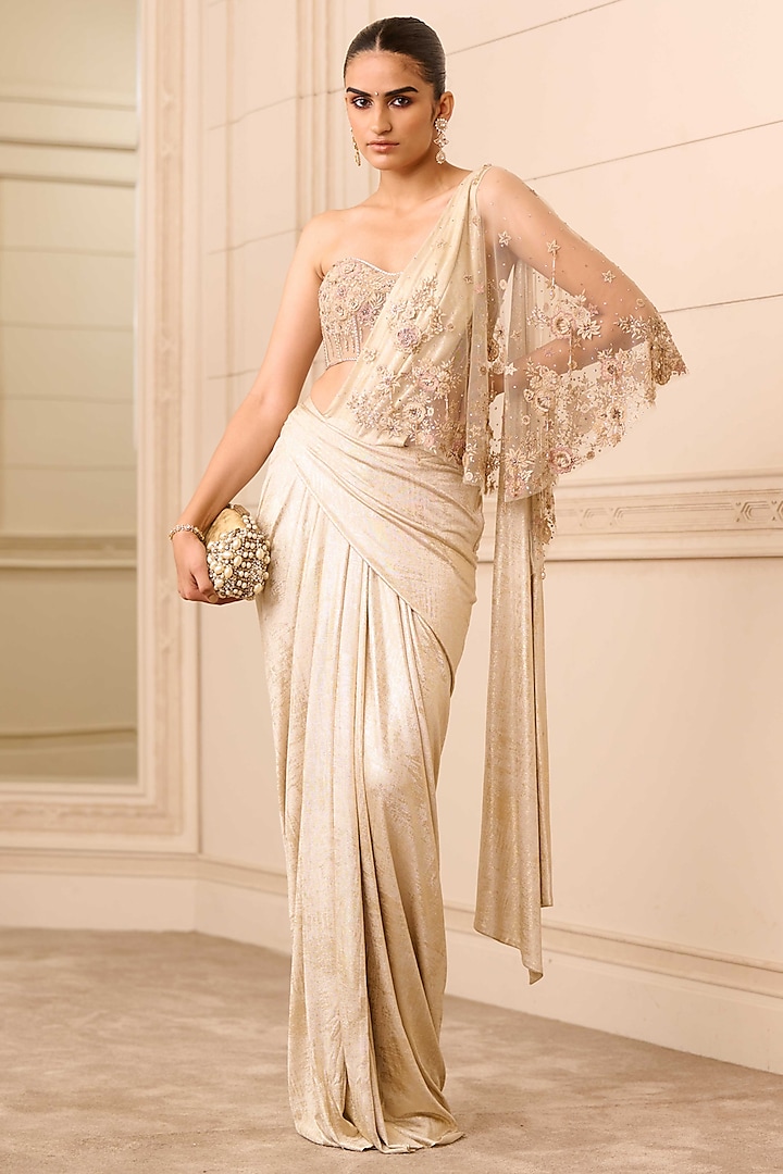 Beige Foil Jersey Embroidered Pre-Stitched Saree Set by Tarun Tahiliani