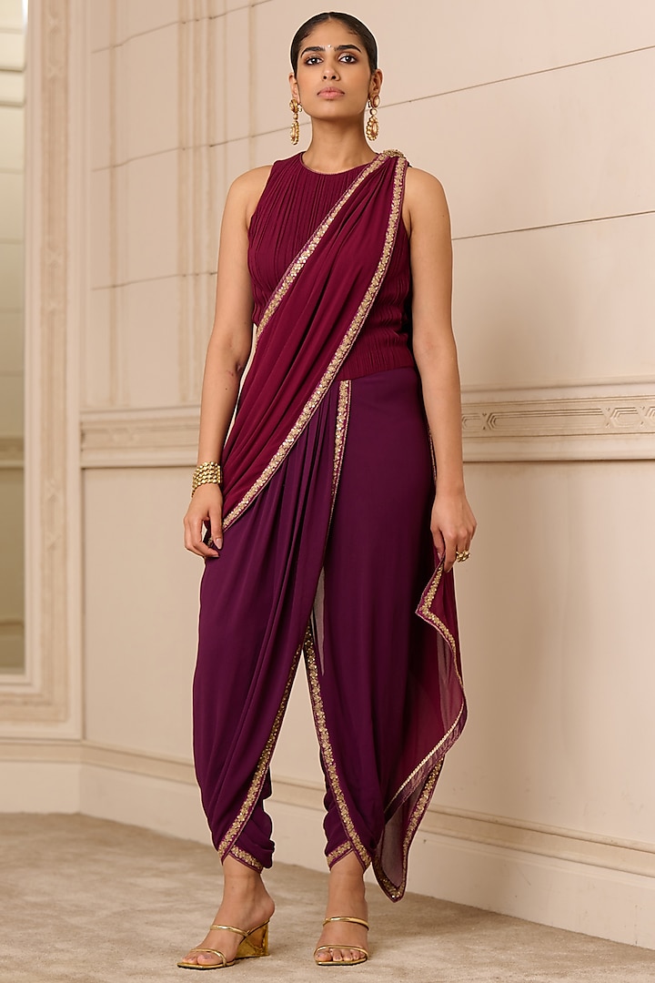 Purple & Maroon Georgette Dhoti-Style Concept Saree Set by Tarun Tahiliani