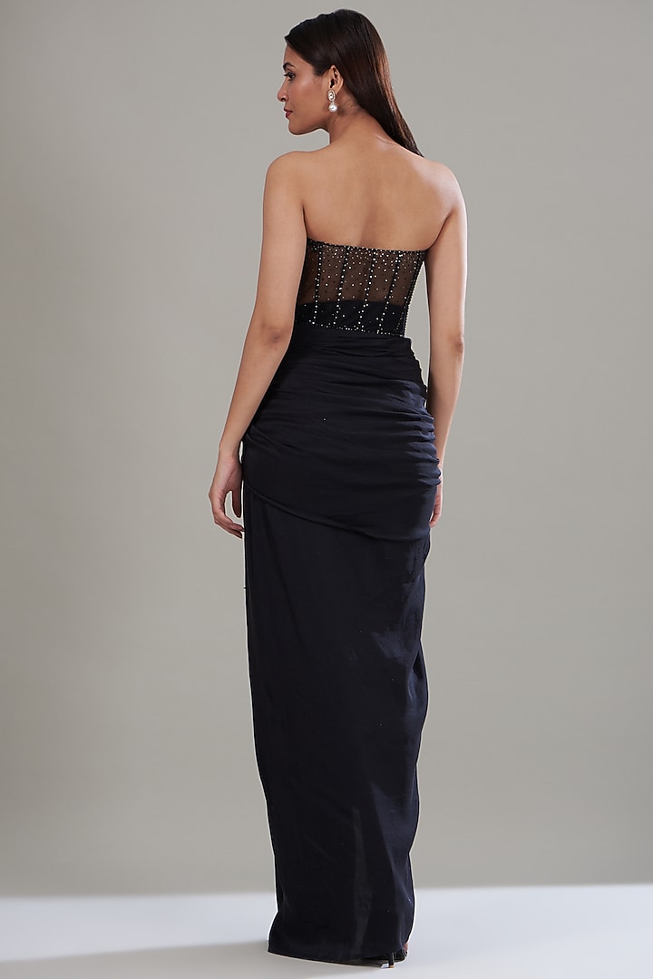 Black Metallic Crinkle Tulle Draped Skirt Set by Tarun Tahiliani at Pernia's Pop Up Shop