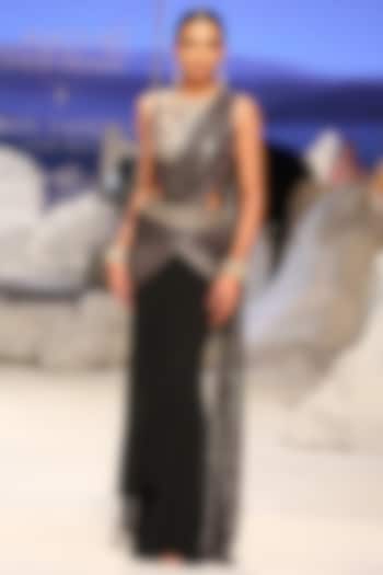 Black Foil Jersey Concept Reception Saree Set by Tarun Tahiliani at Pernia's Pop Up Shop
