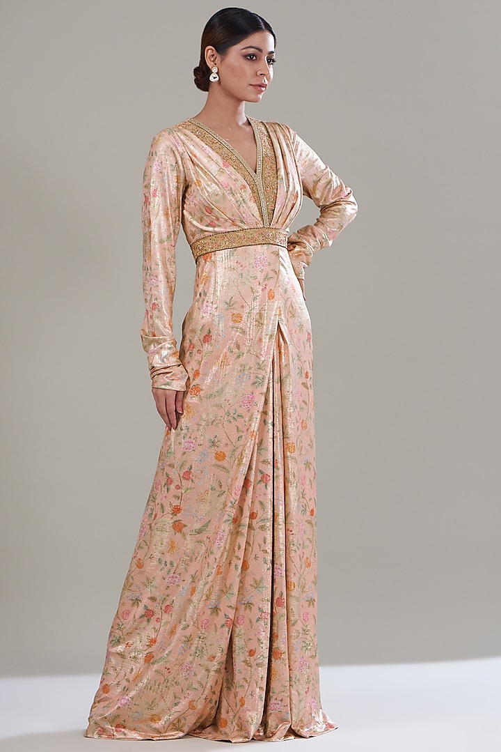 Peach Foil Jersey Printed & Embroidered Jumpsuit by Tarun Tahiliani