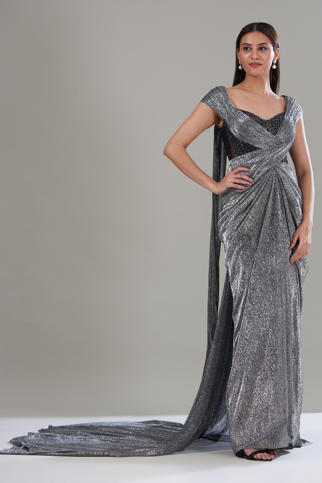 Black Metallic Crinkle Tulle Draped Saree Set by Tarun Tahiliani