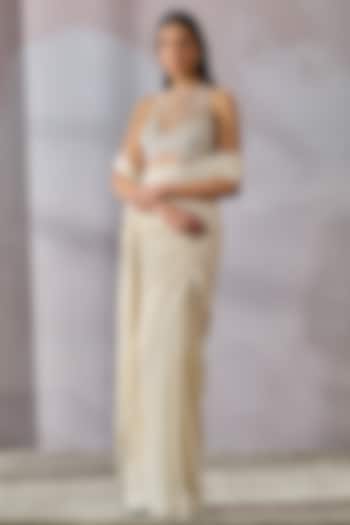 Ivory Silk Georgette Draped Reception Saree Set by Tarun Tahiliani at Pernia's Pop Up Shop