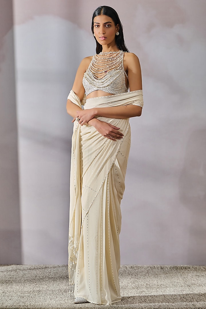 Ivory Silk Georgette Draped Reception Saree Set by Tarun Tahiliani at Pernia's Pop Up Shop