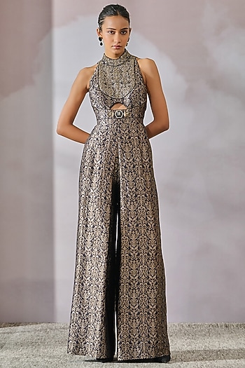 Black & Silver Brocade Embellished Jumpsuit by Tarun Tahiliani