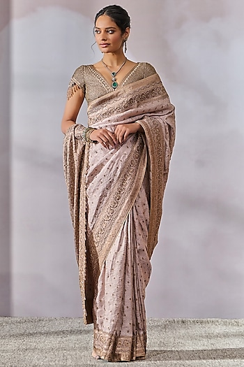 Old Rose Brocade Embroidered Saree Set by Tarun Tahiliani