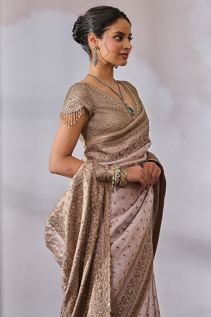 Old Rose Brocade Embroidered Bridal Saree Set by Tarun Tahiliani at Pernia's Pop Up Shop