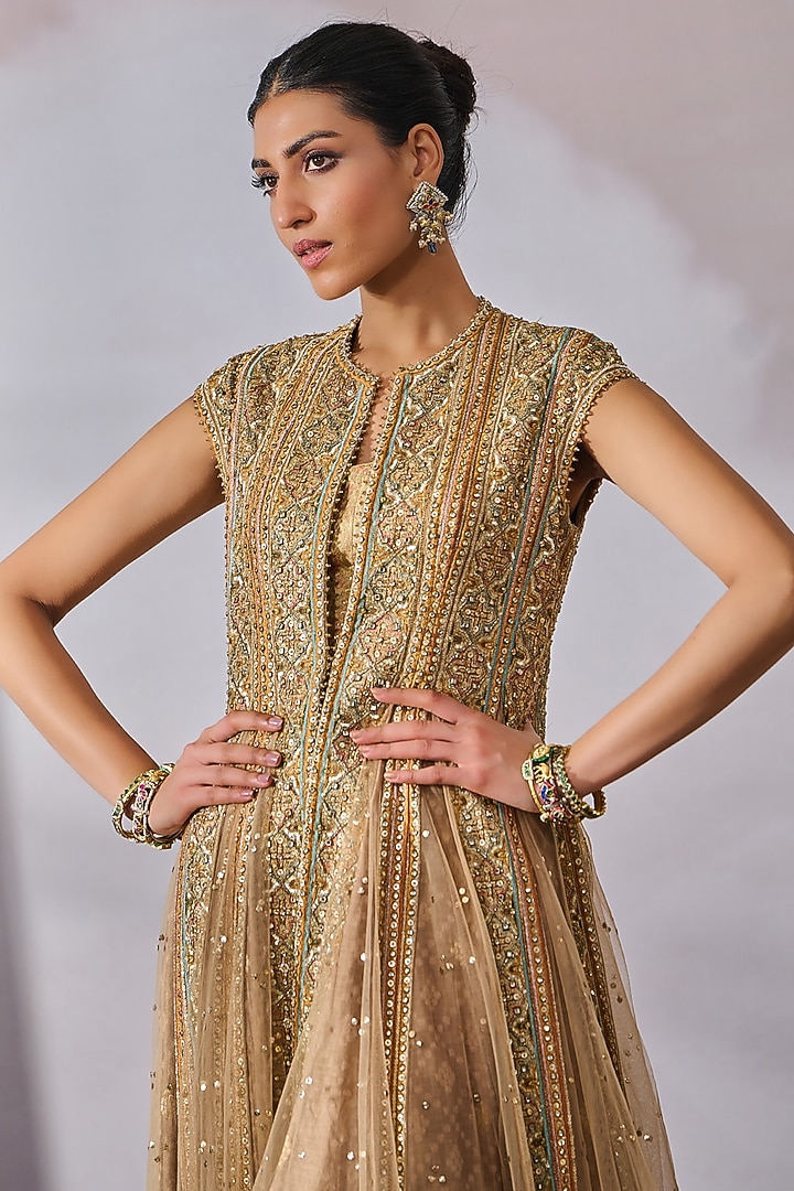 Multi-Colored Soft Net Muksiah Hand Embroidered Jacket Set by Tarun Tahiliani at Pernia's Pop Up Shop
