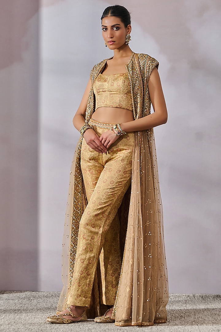 Multi-Colored Soft Net Muksiah Hand Embroidered Jacket Set by Tarun Tahiliani at Pernia's Pop Up Shop