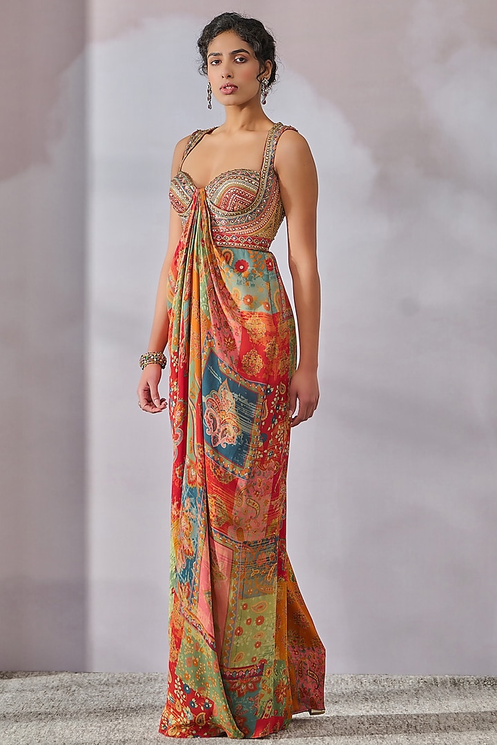 Multi-Colored Double Viscose Georgette Embroidered & Printed Jumpsuit by Tarun Tahiliani