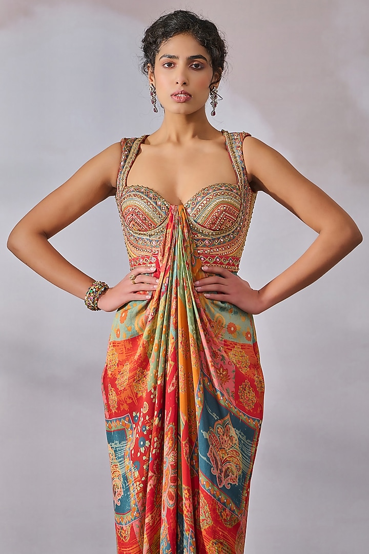 Multi-Colored Double Viscose Georgette Embroidered & Printed Jumpsuit by Tarun Tahiliani at Pernia's Pop Up Shop