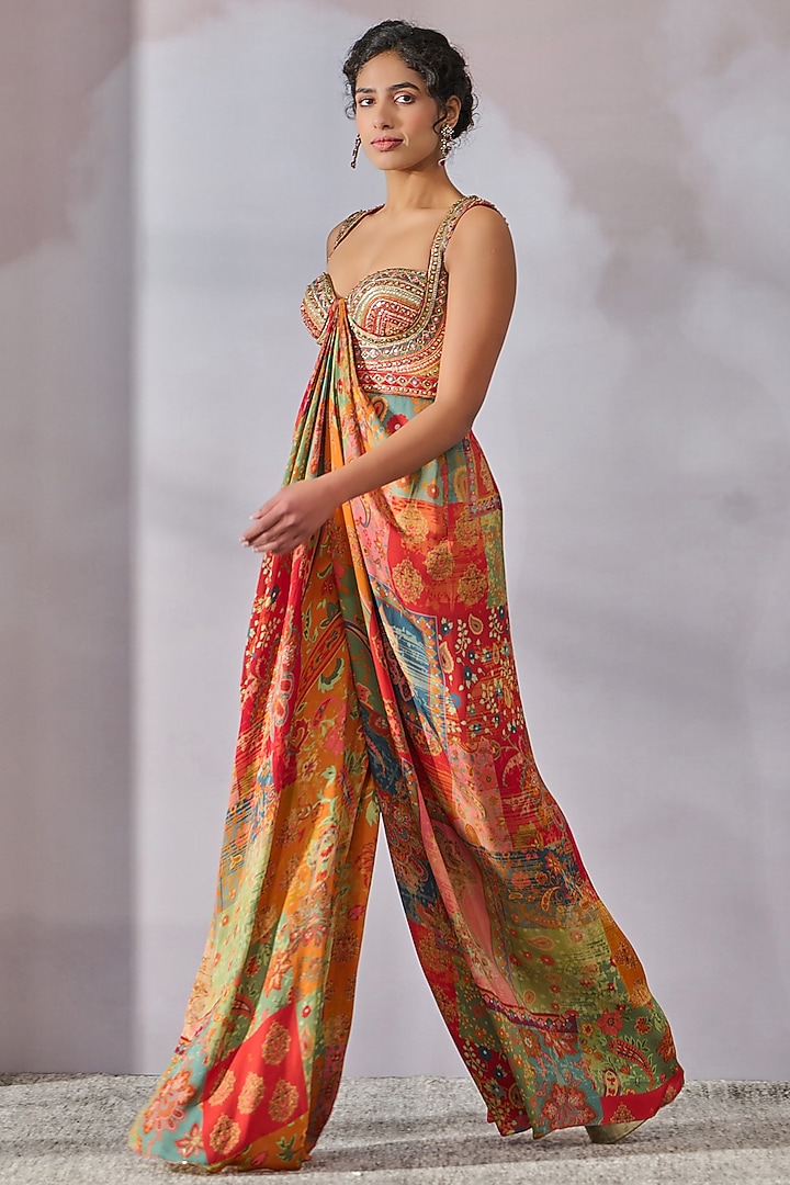 Multi-Colored Double Viscose Georgette Embroidered & Printed Jumpsuit by Tarun Tahiliani at Pernia's Pop Up Shop