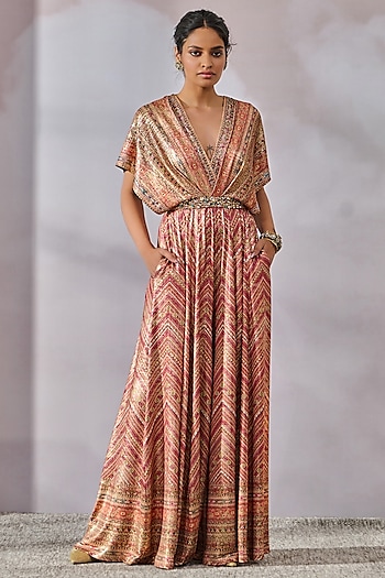 Brick Red Foil Jersey Printed Jumpsuit by Tarun Tahiliani
