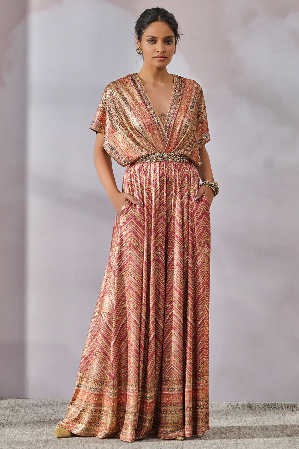 Brick Red Foil Jersey Printed Jumpsuit by Tarun Tahiliani