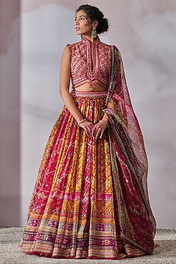 Fuchsia & Gold Silk Organza Printed Lehenga Set by Tarun Tahiliani
