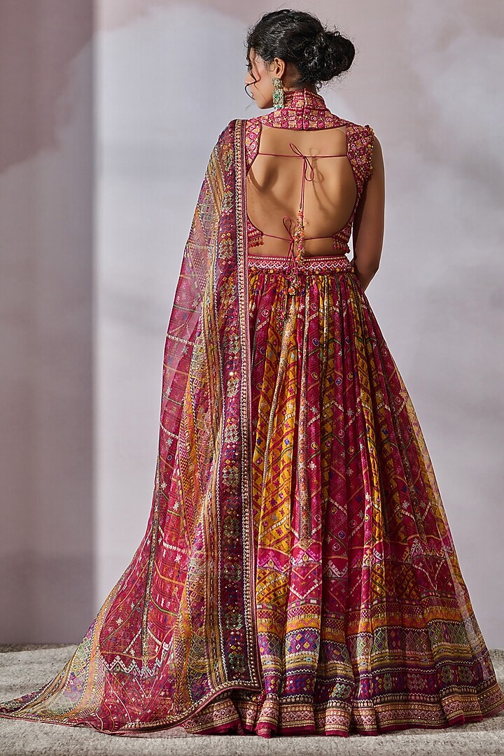 Fuchsia & Gold Silk Organza Printed Bridal Lehenga Set by Tarun Tahiliani at Pernia's Pop Up Shop