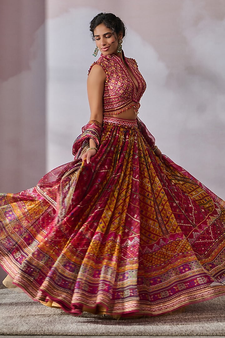 Fuchsia & Gold Silk Organza Printed Bridal Lehenga Set by Tarun Tahiliani at Pernia's Pop Up Shop