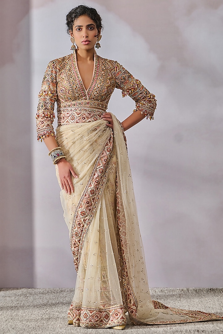 Multi-Colored Soft Net Muskaish Embellished Saree Set by Tarun Tahiliani