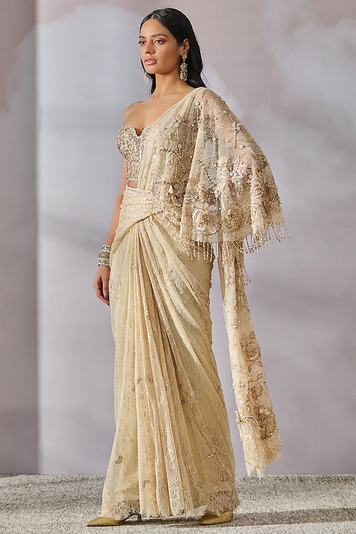 Ivory-Gold Chantilly Lace Embroidered Pre-Draped Saree Set by Tarun Tahiliani