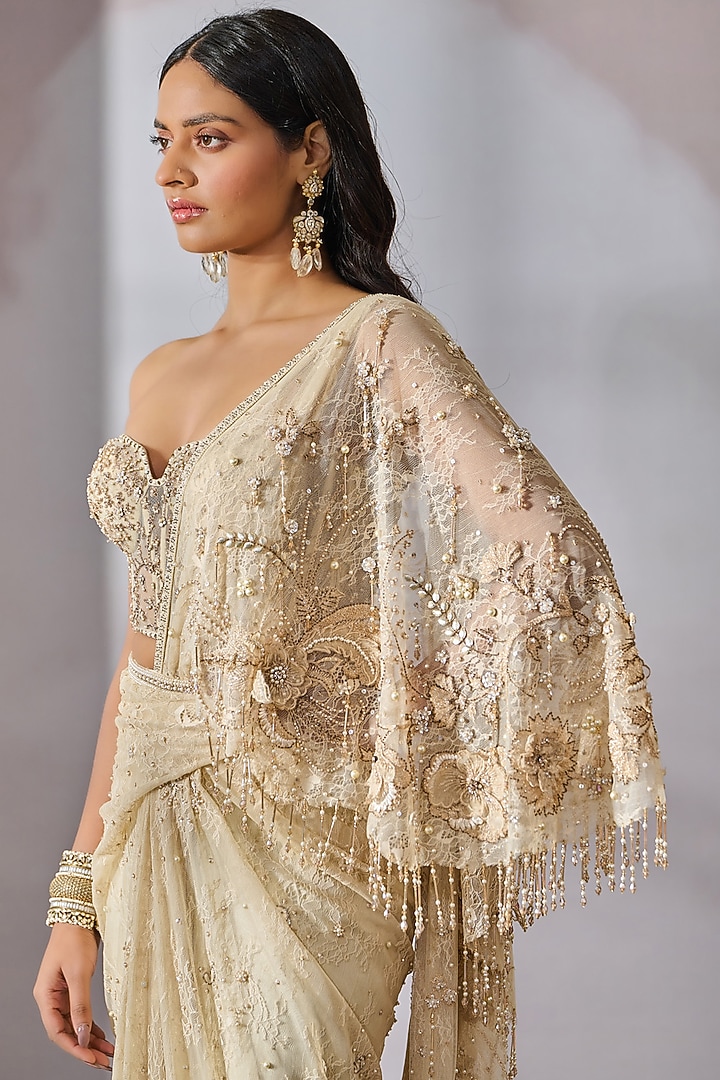 Ivory-Gold Chantilly Lace Embroidered Pre-Draped Bridal Saree Set by Tarun Tahiliani at Pernia's Pop Up Shop