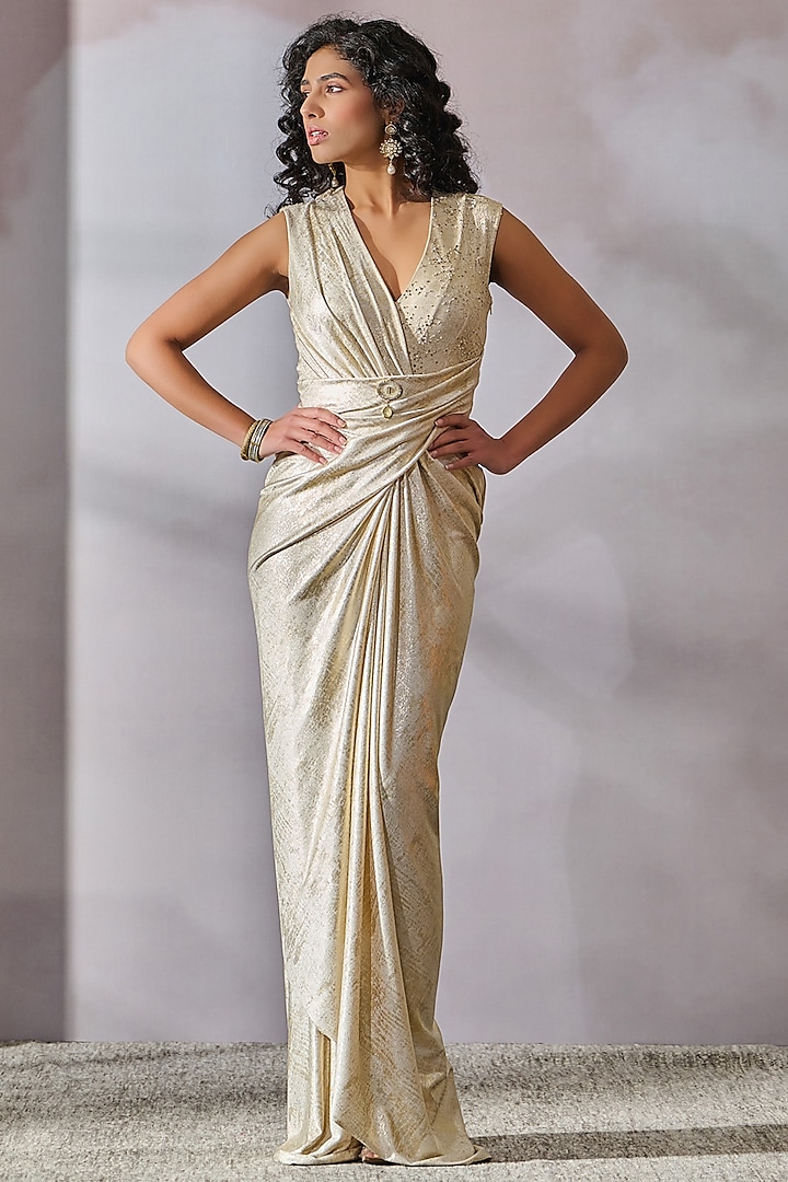 Ivory-Gold Foil Jersey Draped Dress by Tarun Tahiliani