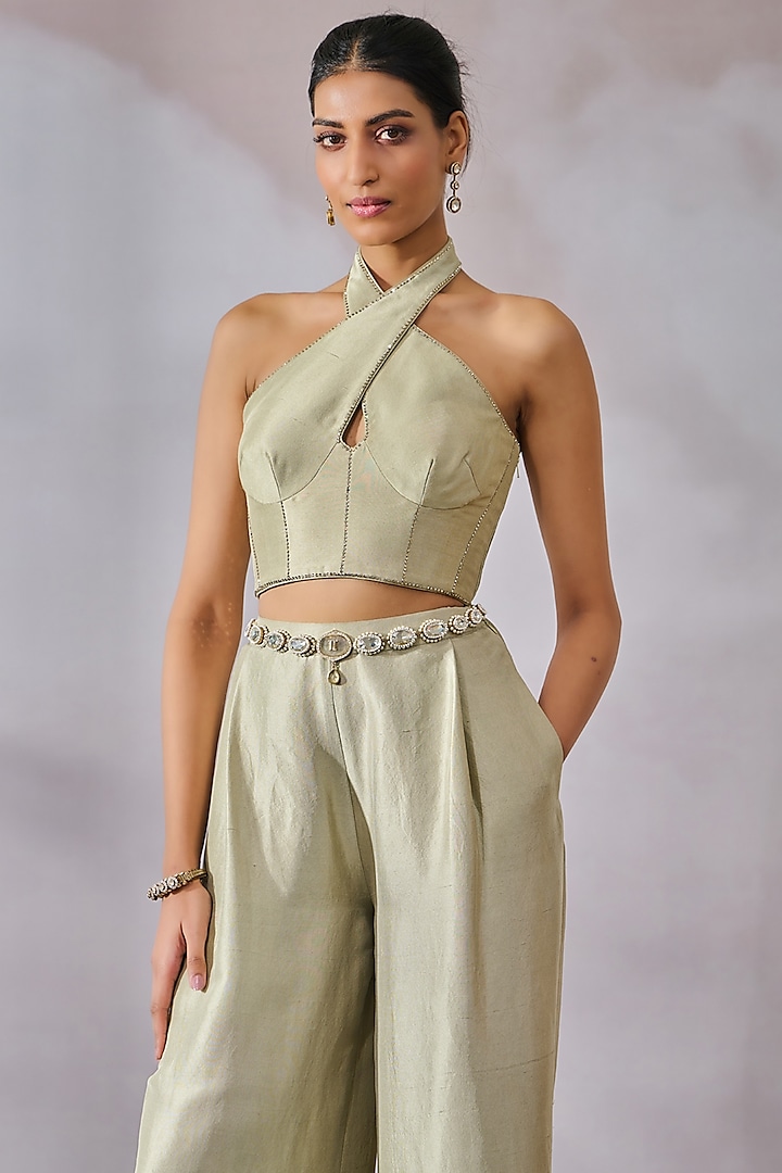 Sage Tulle & Silk Dupion Diamond Embellished Co-Ord Set by Tarun Tahiliani at Pernia's Pop Up Shop