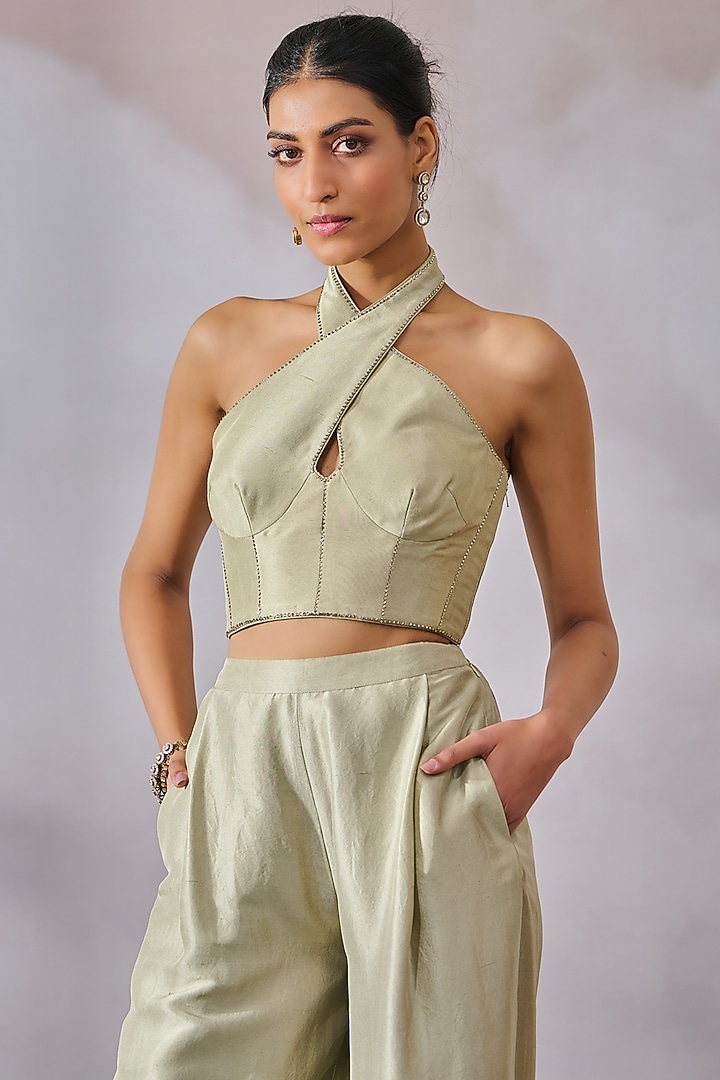 Sage Tulle & Silk Dupion Diamond Embellished Co-Ord Set by Tarun Tahiliani at Pernia's Pop Up Shop