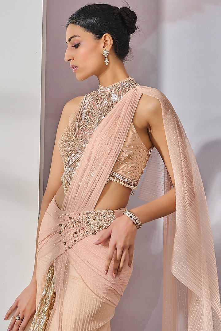 Peach Dotted Crinkle Pearl Embroidered Pre-Draped Reception Saree Set by Tarun Tahiliani at Pernia's Pop Up Shop