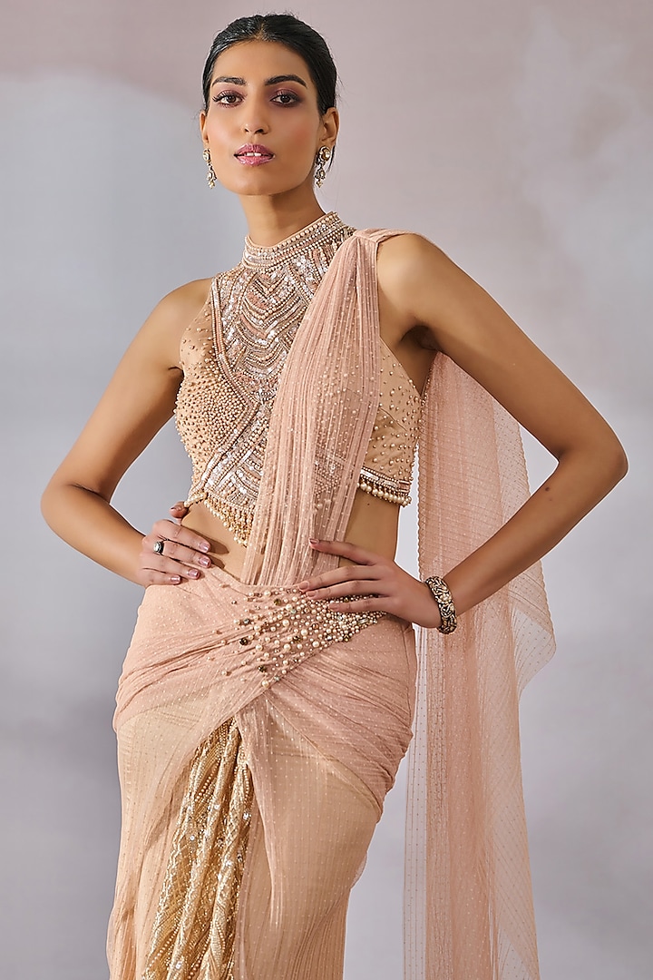 Peach Dotted Crinkle Pearl Embroidered Pre-Draped Reception Saree Set by Tarun Tahiliani at Pernia's Pop Up Shop