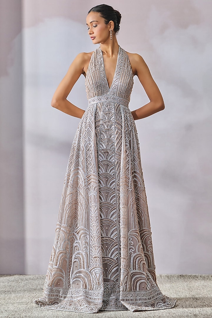 Silver Soft Net Sequins Embroidered Gown by Tarun Tahiliani