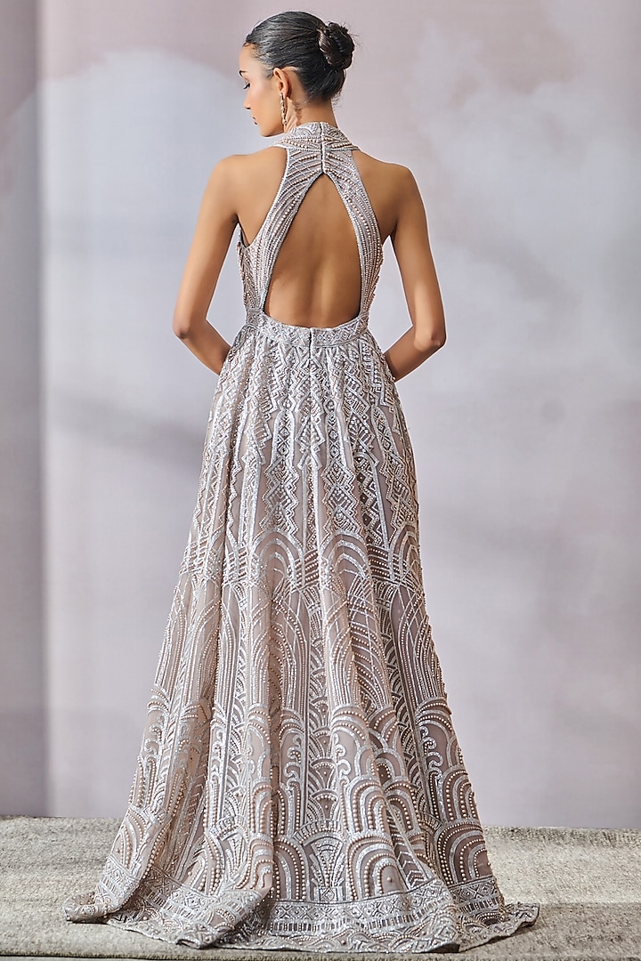 Silver Soft Net Sequins Embroidered Wedding Gown by Tarun Tahiliani at Pernia's Pop Up Shop