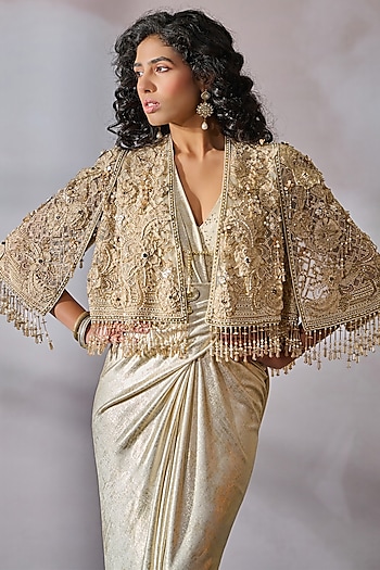 Ivory-Gold Tulle Hand Embroidered Cape by Tarun Tahiliani
