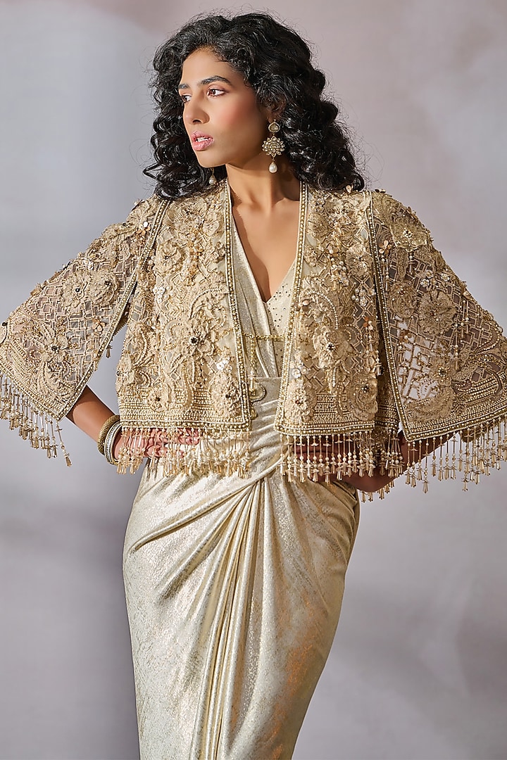 Ivory-Gold Tulle Hand Embroidered Cape by Tarun Tahiliani