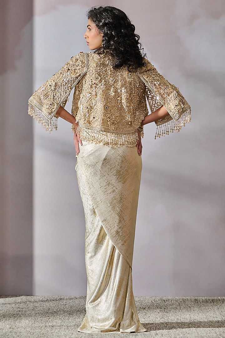 Ivory-Gold Tulle Hand Embroidered Cape by Tarun Tahiliani at Pernia's Pop Up Shop