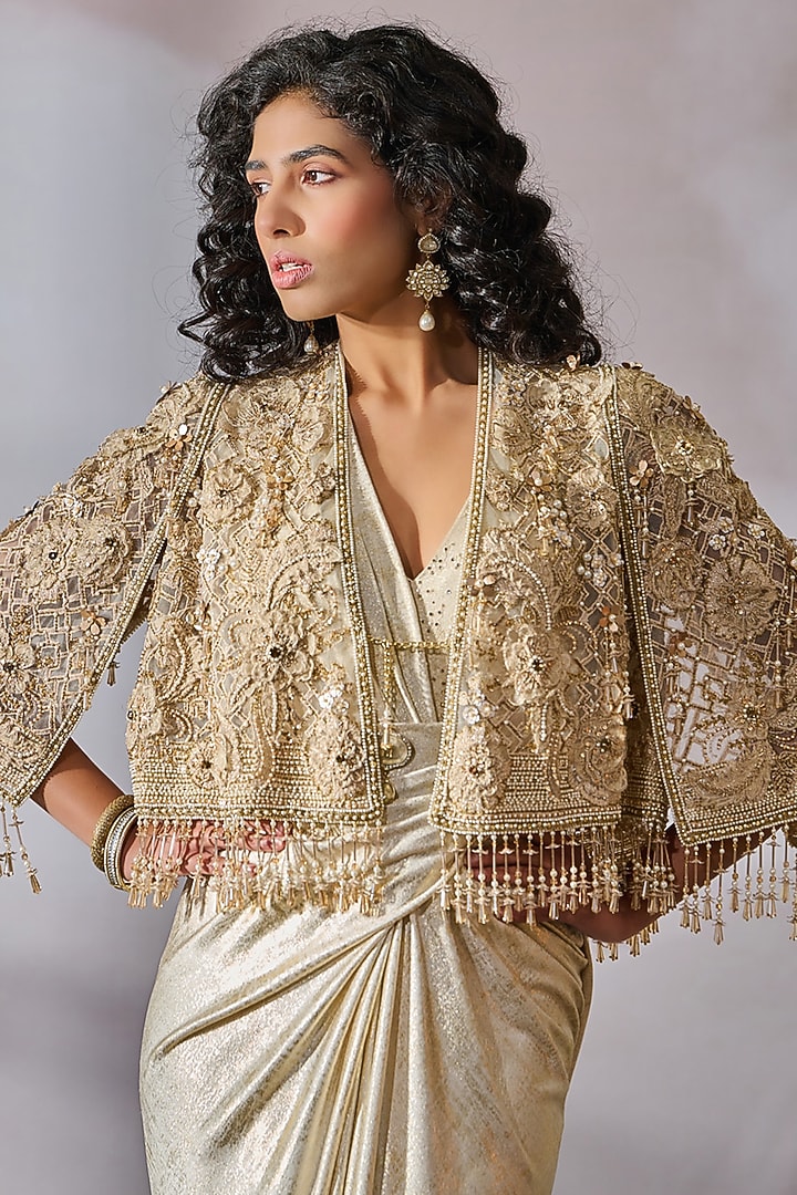 Ivory-Gold Tulle Hand Embroidered Cape by Tarun Tahiliani at Pernia's Pop Up Shop