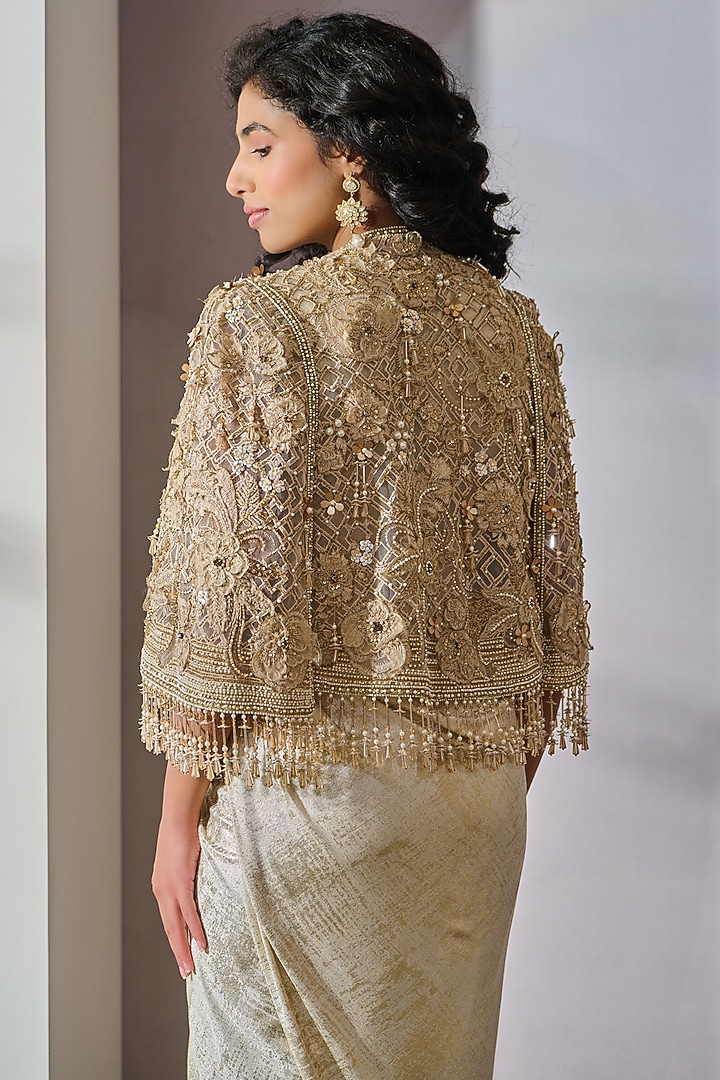 Ivory-Gold Tulle Hand Embroidered Cape by Tarun Tahiliani at Pernia's Pop Up Shop
