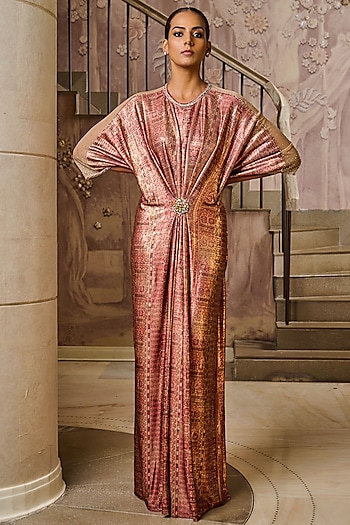 Wine Foil Jersey Printed & Embroidered Kaftan Dress by Tarun Tahiliani