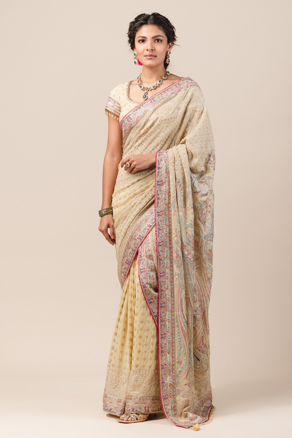 Buy Yellow Hand Embroidered Lucknowi Chikankari Saree (Georgette-With Blouse)  14616 | www.maanacreation.com