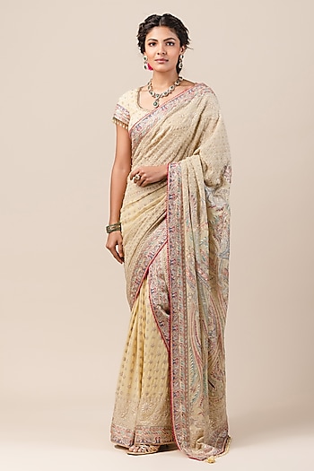 Pale Yellow Chikankari Saree Set by Tarun Tahiliani