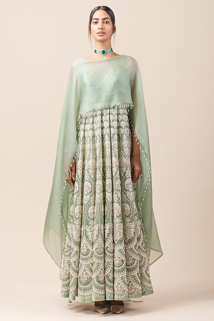 Green Anarkali Set With Attached Drape by Tarun Tahiliani