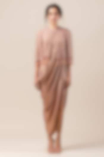 Old Rose Draped Dress With Embellished Cape by Tarun Tahiliani