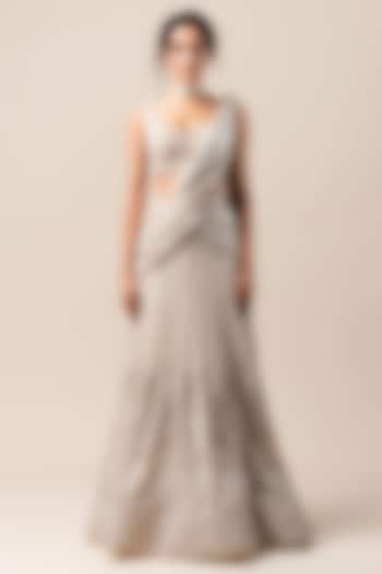 Ivory 3D Floral Embroidered Kalidar Bridal Lehenga Saree Set by Tarun Tahiliani at Pernia's Pop Up Shop