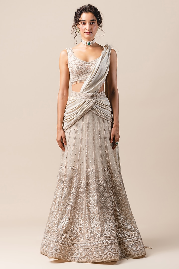 Ivory 3D Floral Embroidered Kalidar Bridal Lehenga Saree Set by Tarun Tahiliani at Pernia's Pop Up Shop