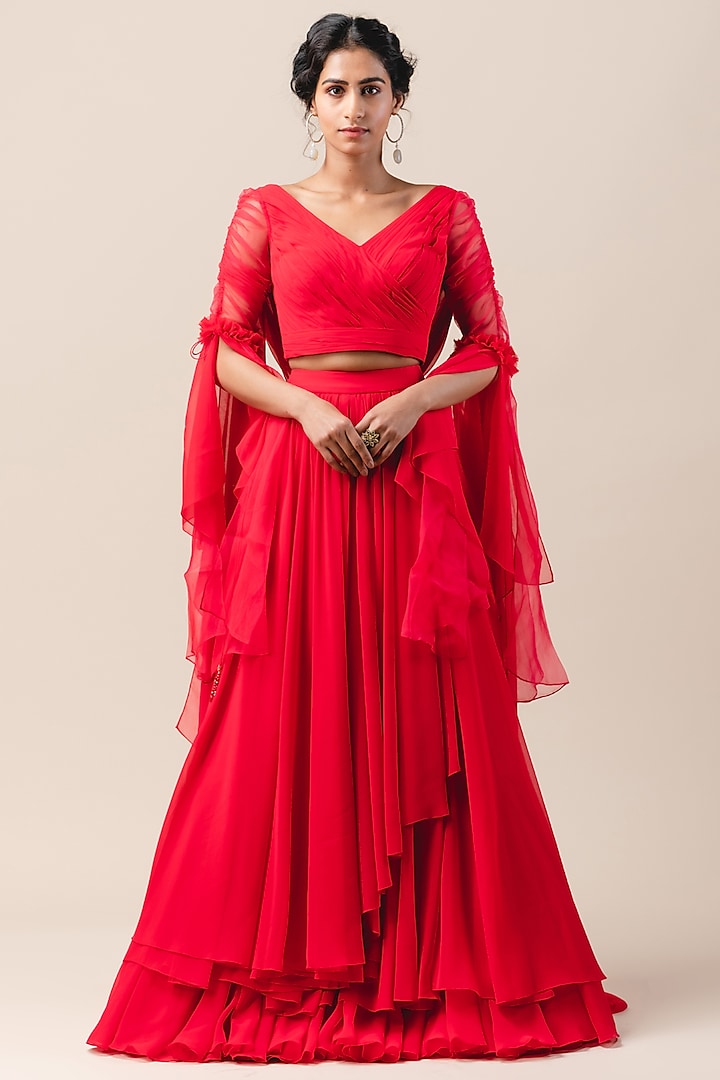 Crimson Red Draped Skirt Set by Tarun Tahiliani