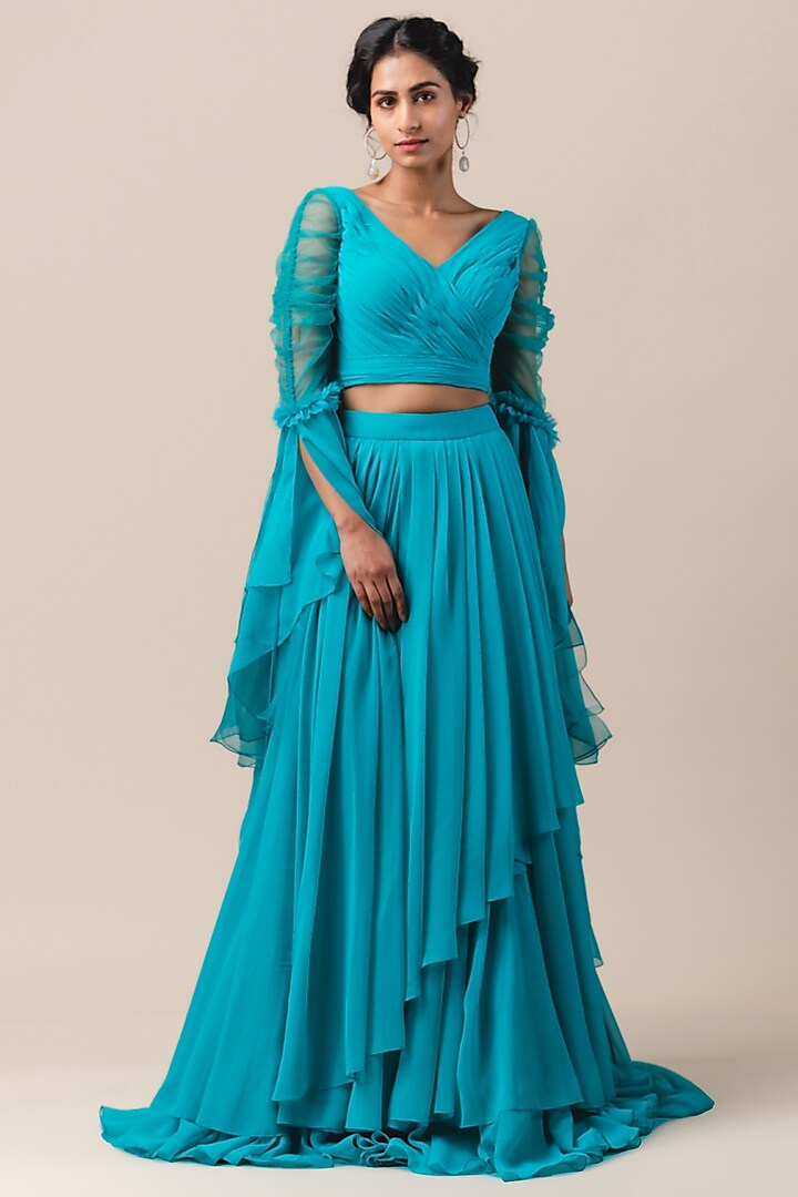 Sea Green Draped Skirt Set Design by Tarun Tahiliani at Pernia's Pop Up ...