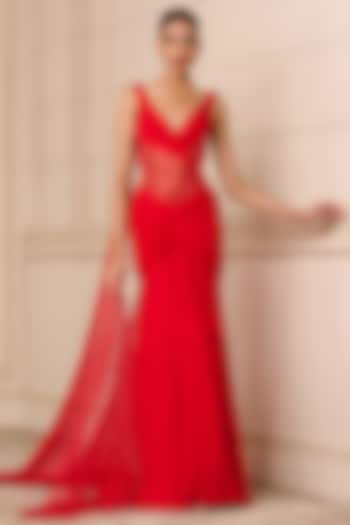 Red Silk Chiffon Gown by Tarun Tahiliani