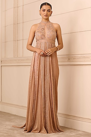 Rose Gold Metallic Crinkle Tulle Crystal Embroidered Jumpsuit by Tarun Tahiliani